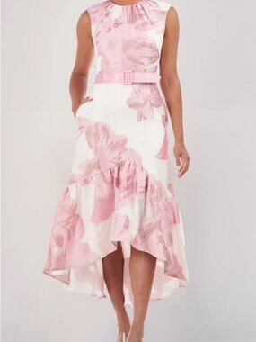 Kay Unger White Dress with Pink Floral Print and Belt